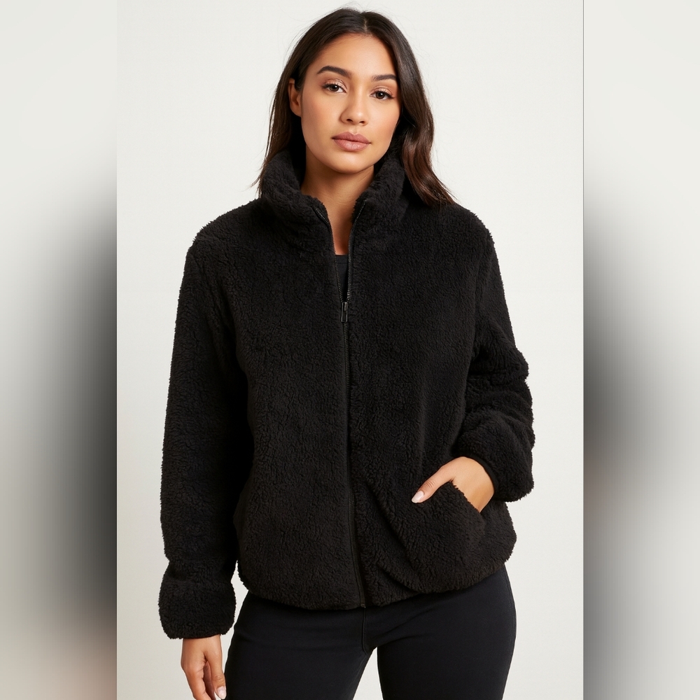 🖤 Shambhala Womens Black Full-Zip Teddy Jacket – Cozy Sherpa Fleece, Size XL